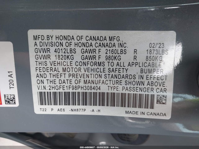 2HGFE1F98PH308404 Honda Civic Touring