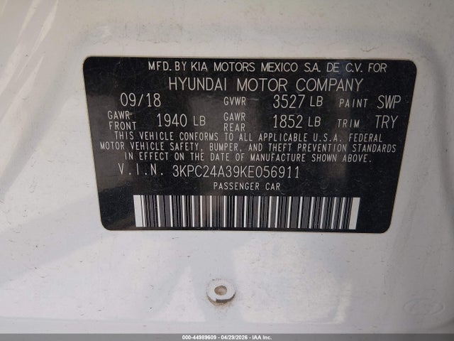 2019 Hyundai Accent Se მანქანა იყიდება აუქციონზე, vin: 3KPC24A39KE056911, აუქციონის ნომერი: 44989609