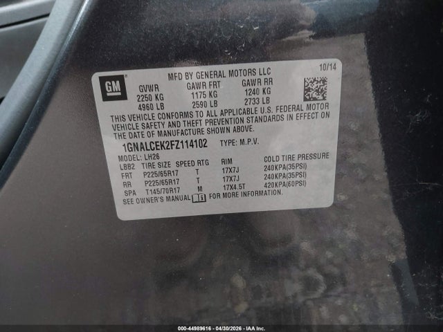 2015 Chevrolet Equinox 2lt მანქანა იყიდება აუქციონზე, vin: 1GNALCEK2FZ114102, აუქციონის ნომერი: 44989616