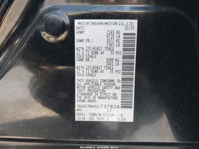 Продаж на аукціоні авто 2020 Nissan Rogue S Intelligent Awd, vin: 5N1AT2MV4LC737858, номер лоту: 44989619