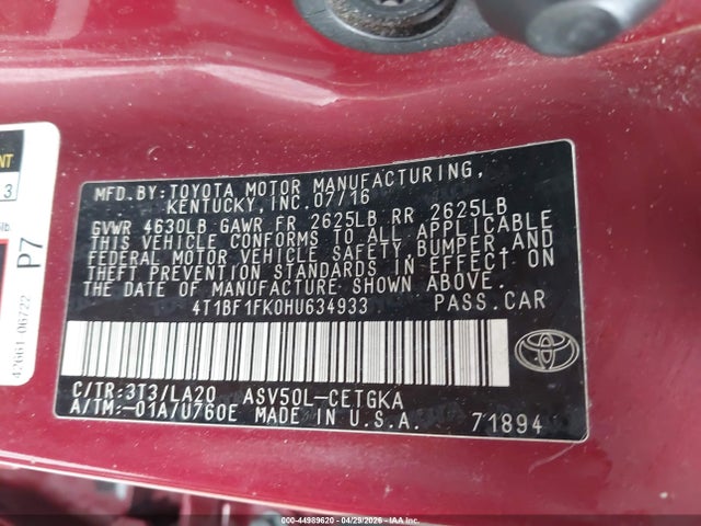 Aukcja sprzedaży 2017 Toyota Camry Xle, vin: 4T1BF1FK0HU634933, numer aukcji: 44989620