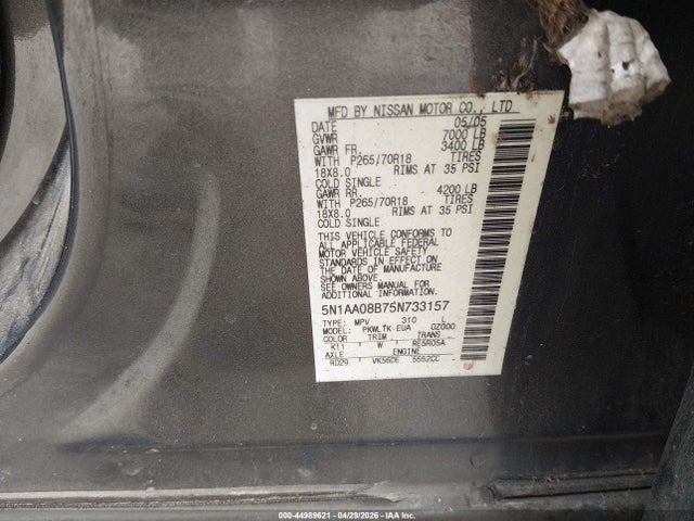 Продаж на аукціоні авто 2005 Nissan Armada Se, vin: 5N1AA08B75N733157, номер лоту: 44989621