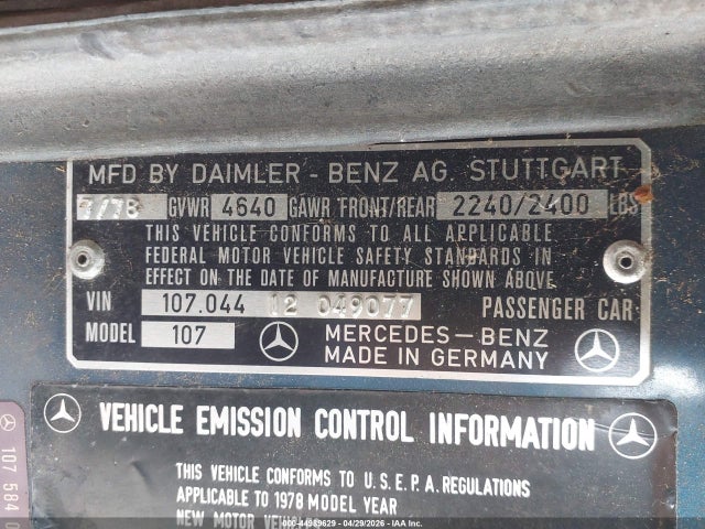 Aukcja sprzedaży 1978 Mercedes 450 Sl C, vin: 10704412049077, numer aukcji: 44989629