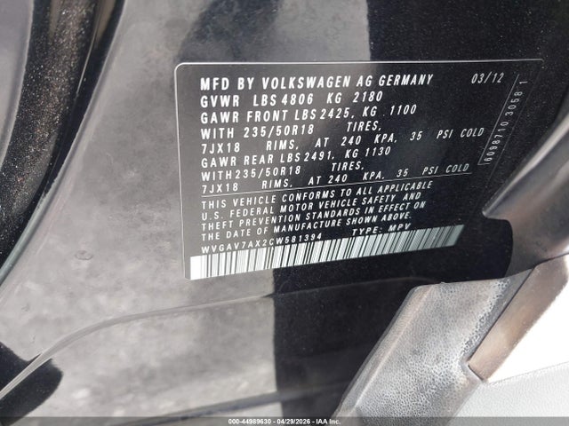 2012 Volkswagen Tiguan Se მანქანა იყიდება აუქციონზე, vin: WVGAV7AX2CW581394, აუქციონის ნომერი: 44989630