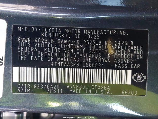 Aukcja sprzedaży 2026 Toyota Camry Se, vin: 4T1DAACK6TU666824, numer aukcji: 44989643
