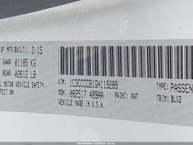 44989649 :رقم المزاد ، 1C3CCCCB1GN119289 vin ، 2016 Chrysler 200 C مزاد بيع