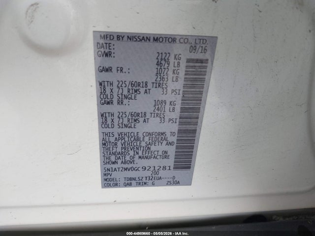 44989660 :رقم المزاد ، 5N1AT2MV0GC921281 vin ، 2016 Nissan Rogue Sl مزاد بيع