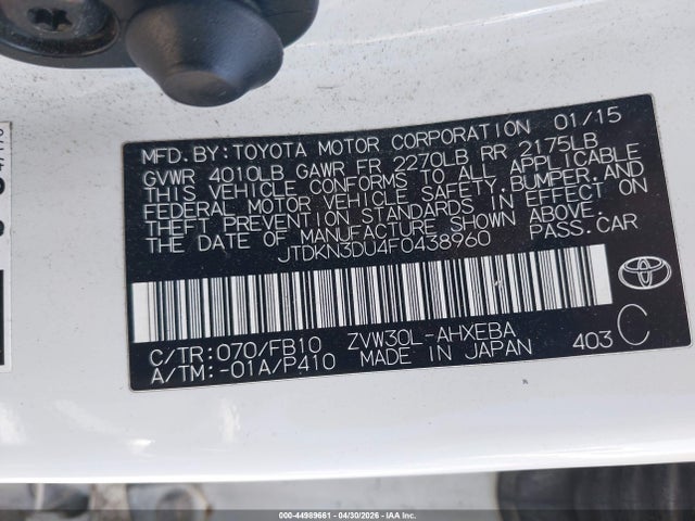 2015 Toyota Prius Three მანქანა იყიდება აუქციონზე, vin: JTDKN3DU4F0438960, აუქციონის ნომერი: 44989661