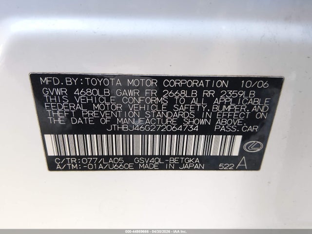 Продажа на аукционе авто 2007 Lexus Es 350, vin: JTHBJ46G272064734, номер лота: 44989666