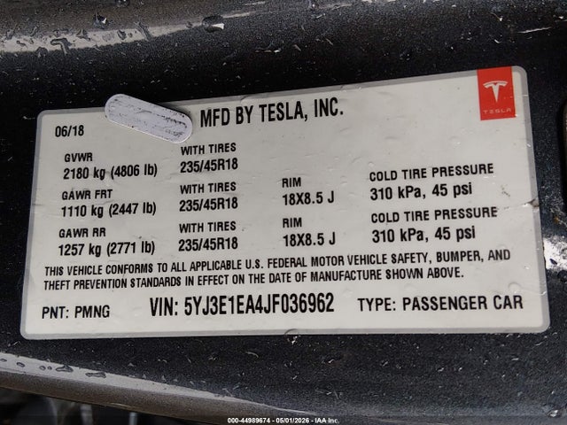 Продажа на аукционе авто 2018 Tesla Model 3 Long Range/mid Range, vin: 5YJ3E1EA4JF036962, номер лота: 44989674
