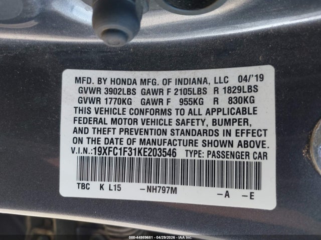 2019 Honda Civic Ex მანქანა იყიდება აუქციონზე, vin: 19XFC1F31KE203546, აუქციონის ნომერი: 44989681
