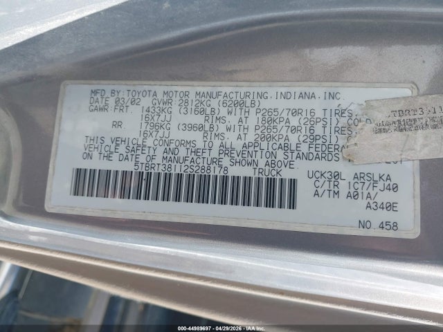 Продажа на аукционе авто 2002 Toyota Tundra Ltd V8, vin: 5TBRT38112S288178, номер лота: 44989697