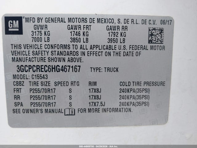 Продажа на аукционе авто 2017 Chevrolet Silverado 1500 1lt, vin: 3GCPCREC6HG467167, номер лота: 44989700