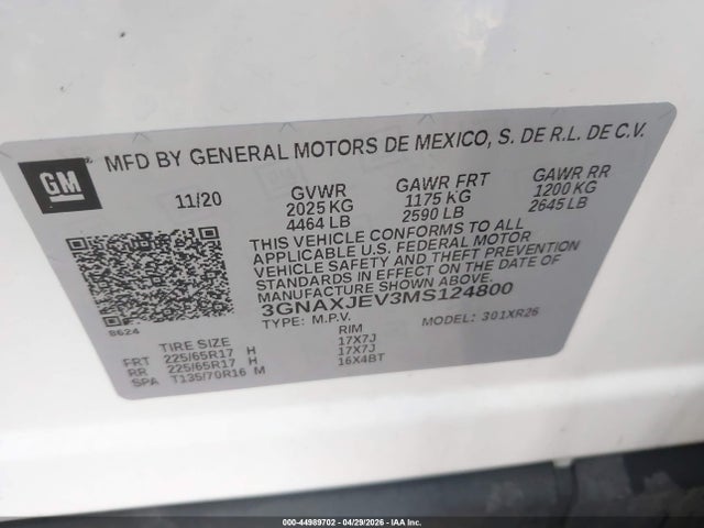44989702 :رقم المزاد ، 3GNAXJEV3MS124800 vin ، 2021 Chevrolet Equinox Fwd 2fl مزاد بيع