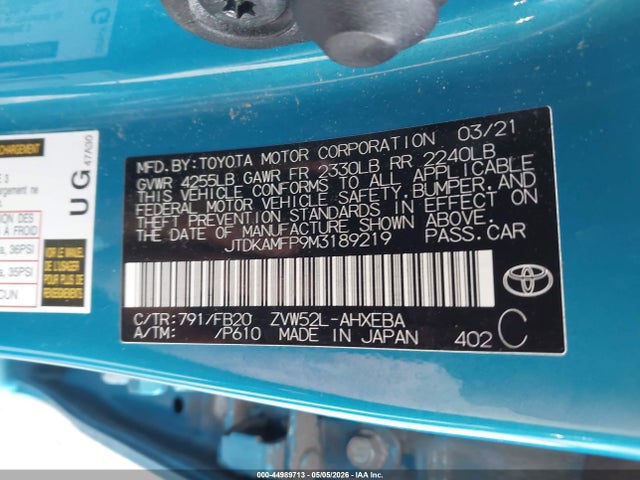 Aukcja sprzedaży 2021 Toyota Prius Prime Le, vin: JTDKAMFP9M3189219, numer aukcji: 44989713