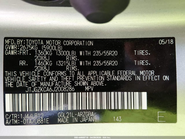 44989719 :رقم المزاد ، JTJGZKCA6J2008286 vin ، 2018 Lexus Rx 350l Premium مزاد بيع