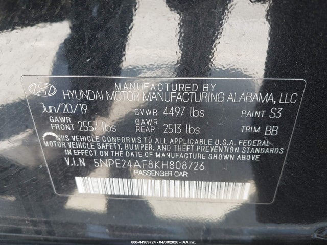 Aukcja sprzedaży 2019 Hyundai Sonata Se, vin: 5NPE24AF8KH808726, numer aukcji: 44989724
