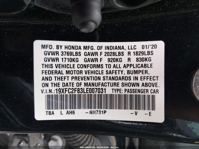 2020 Honda Civic Sport მანქანა იყიდება აუქციონზე, vin: 19XFC2F83LE007031, აუქციონის ნომერი: 44989729