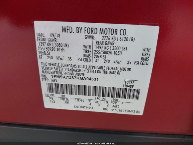 Продажа на аукционе авто 2019 Ford Explorer Xlt, vin: 1FM5K7D87KGA04531, номер лота: 44989741