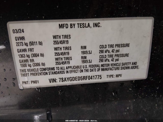 Aukcja sprzedaży 2024 Tesla Model Y Long Range/rwd, vin: 7SAYGDED5RF041775, numer aukcji: 44989748