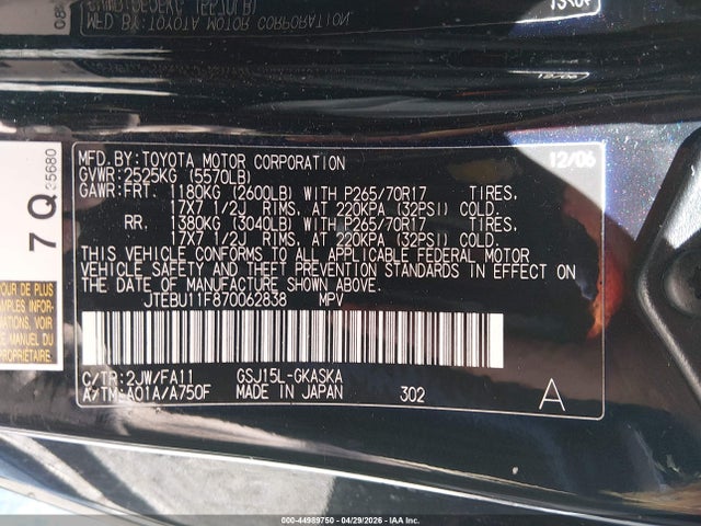 Aukcja sprzedaży 2007 Toyota Fj Cruiser, vin: JTEBU11F870062838, numer aukcji: 44989750
