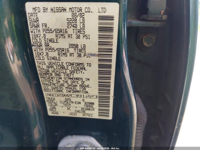 Aukcja sprzedaży 2002 Nissan Frontier Se-v6, vin: 1N6ED29X42C391223, numer aukcji: 44989752