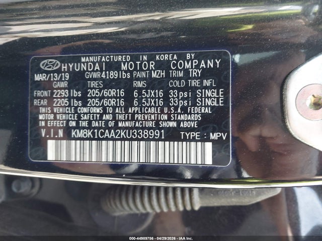 44989756 :رقم المزاد ، KM8K1CAA2KU338991 vin ، 2019 Hyundai Kona Se مزاد بيع