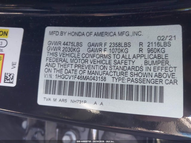 1HGCV1F46MA043158 Honda Accord Sport Special Edition