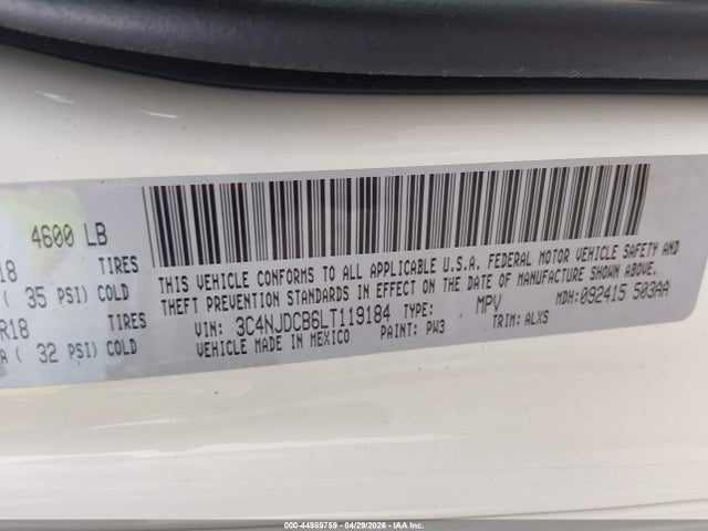 Aukcja sprzedaży 2020 Jeep Compass Limited 4x4, vin: 3C4NJDCB6LT119184, numer aukcji: 44989759