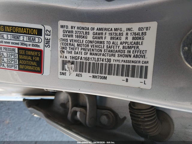 Продаж на аукціоні авто 2007 Honda Civic Ex, vin: 1HGFA16817L074130, номер лоту: 44989762
