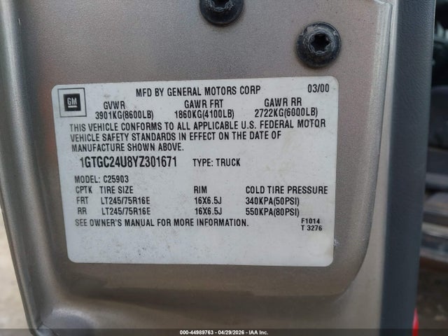 Aukcja sprzedaży 2000 Gmc Sierra 2500 Sle, vin: 1GTGC24U8YZ301671, numer aukcji: 44989763