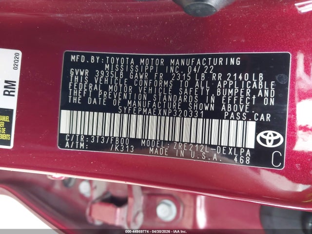 44989774 :رقم المزاد ، 5YFEPMAEXNP320331 vin ، 2022 Toyota Corolla Le مزاد بيع