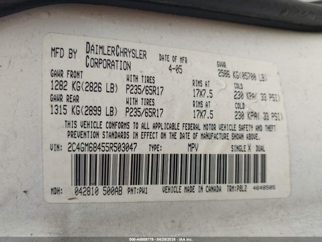 44989779 :رقم المزاد ، 2C4GM68455R503047 vin ، 2005 Chrysler Pacifica Touring مزاد بيع