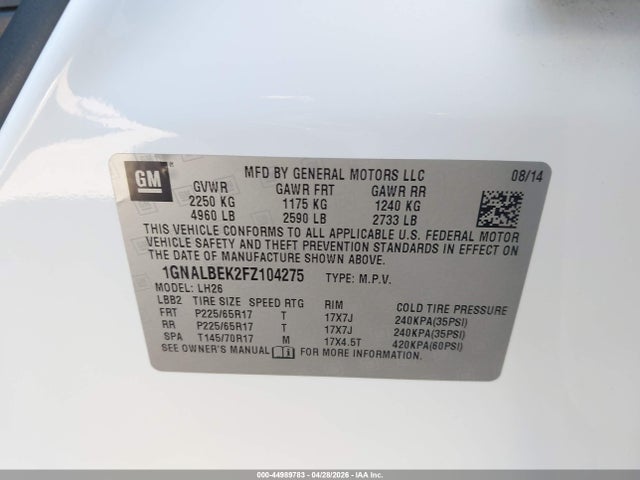 1GNALBEK2FZ104275 Chevrolet EQUINOX 1LT