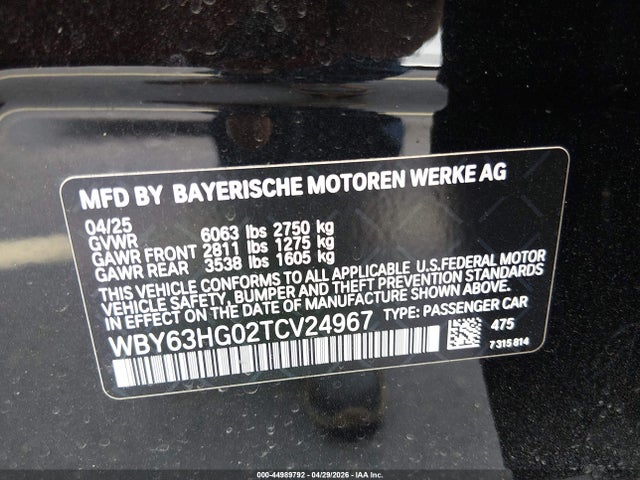 44989792 :رقم المزاد ، WBY63HG02TCV24967 vin ، 2026 Bmw I5 Edrive40 مزاد بيع