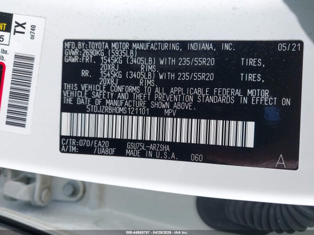 44989797 :رقم المزاد ، 5TDJZRBH0MS121101 vin ، 2021 Toyota Highlander Xse مزاد بيع
