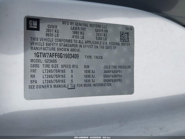 44989809 :رقم المزاد ، 1GTW7AFF6G1903409 vin ، 2016 Gmc Savana 2500 Work Van مزاد بيع
