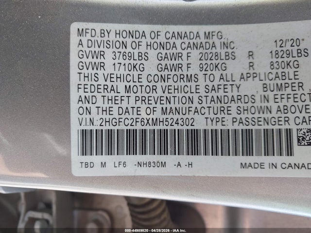 2HGFC2F6XMH524302 Honda Civic Lx