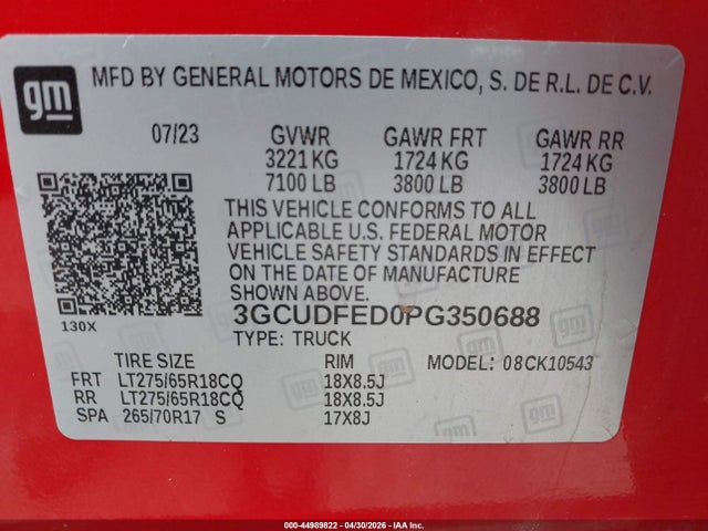 44989822 :رقم المزاد ، 3GCUDFED0PG350688 vin ، 2023 Chevrolet Silverado 1500 4wd  Short Bed Lt Trail Boss مزاد بيع