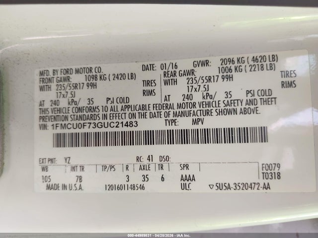 Ford ESCAPE S 2016 1FMCU0F73GUC21483 Image 9