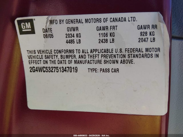 Aukcja sprzedaży 2005 Buick Lacrosse Cx, vin: 2G4WC532751347019, numer aukcji: 44989833