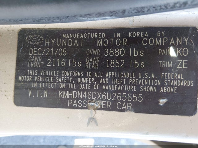 2006 Hyundai Elantra Gls/limited მანქანა იყიდება აუქციონზე, vin: KMHDN46DX6U265655, აუქციონის ნომერი: 44989835