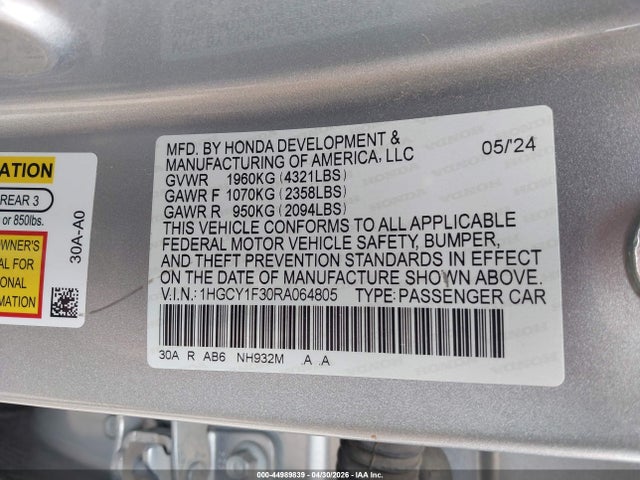Продаж на аукціоні авто 2024 Honda Accord Ex, vin: 1HGCY1F30RA064805, номер лоту: 44989839