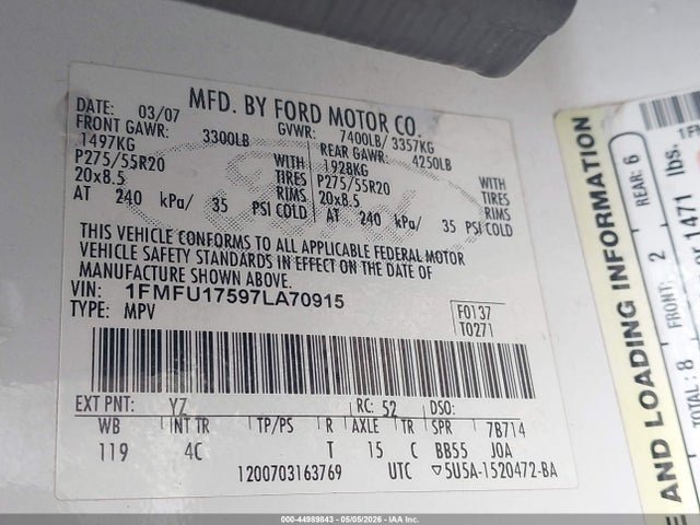 Продаж на аукціоні авто 2007 Ford Expedition Eddie Bauer, vin: 1FMFU17597LA70915, номер лоту: 44989843