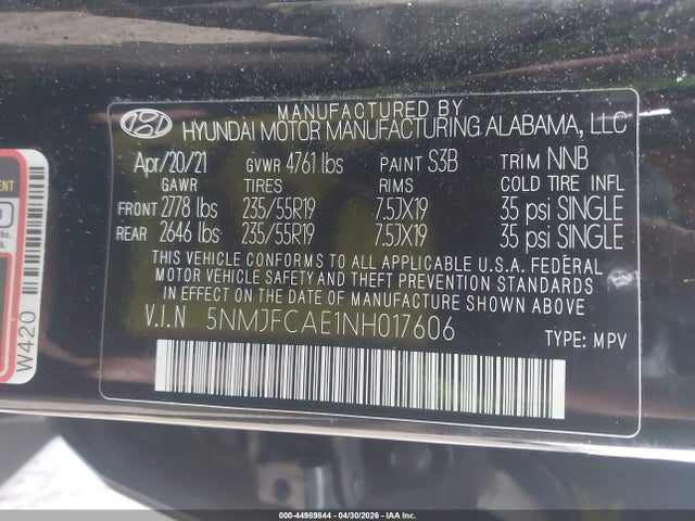 Aukcja sprzedaży 2022 Hyundai Tucson Sel, vin: 5NMJFCAE1NH017606, numer aukcji: 44989844