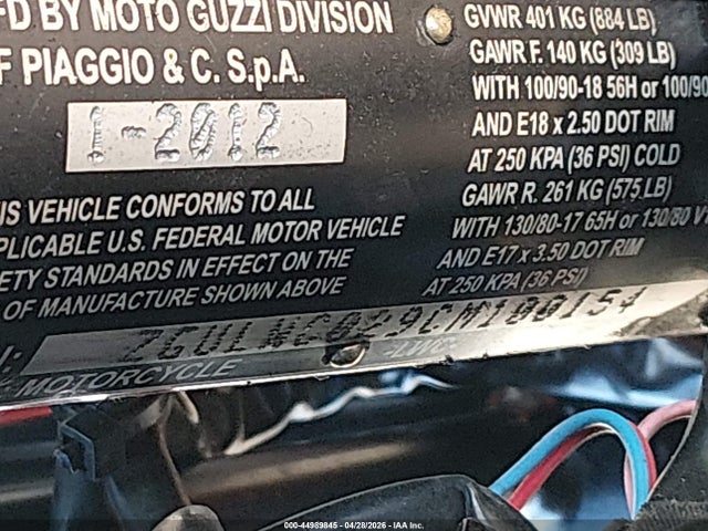 2012 Moto Guzzi V7 Classic მანქანა იყიდება აუქციონზე, vin: ZGULWC029CM100154, აუქციონის ნომერი: 44989845