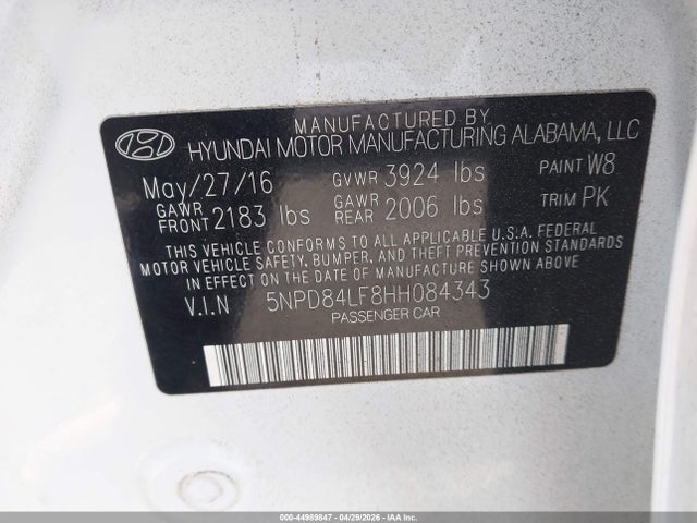 44989847 :رقم المزاد ، 5NPD84LF8HH084343 vin ، 2017 Hyundai Elantra Se مزاد بيع