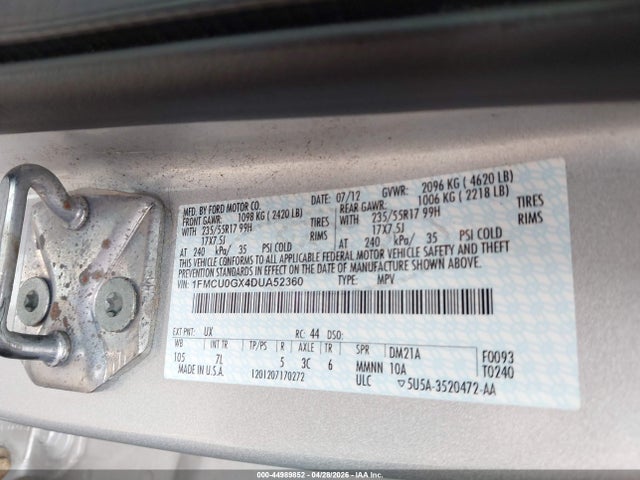 44989852 :رقم المزاد ، 1FMCU0GX4DUA52360 vin ، 2013 Ford Escape Se مزاد بيع