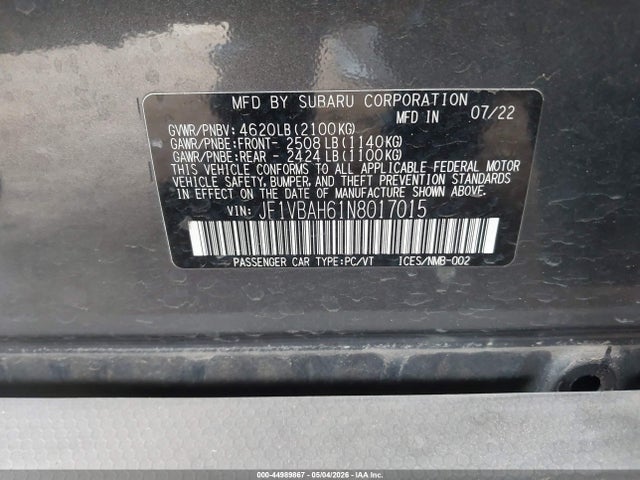Aukcja sprzedaży 2022 Subaru Wrx Premium, vin: JF1VBAH61N8017015, numer aukcji: 44989867
