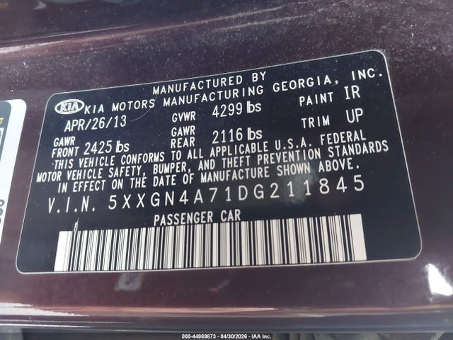 44989873 :رقم المزاد ، 5XXGN4A71DG211845 vin ، 2013 Kia Optima Ex مزاد بيع